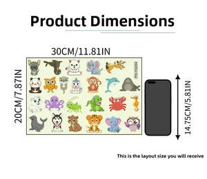 Cartoon animal wall stickers sheet layout featuring dogs and cats with size reference
