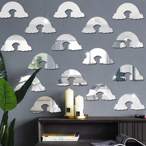 Modern acrylic rainbow and cloud mirror wall stickers on a dark grey interior wall