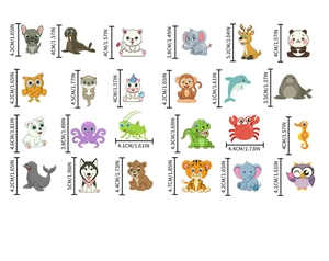 Detailed dimension guide for 24 assorted cartoon animal wall stickers and DIY decals