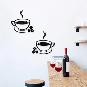 Detail of 2-piece black acrylic coffee cup mirror wall stickers for modern kitchen decor