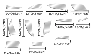 Detailed size chart showing dimensions for eleven acrylic feather mirror wall stickers