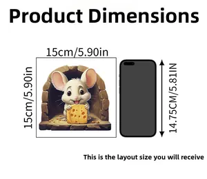 Detailed size chart of 15x15cm 3D mouse wall sticker compared to a smartphone