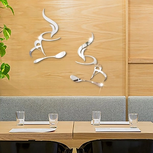 Silver mirror acrylic coffee cup wall stickers set for modern kitchen home wall decor
