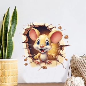Sticker mural 3D souris mignonne sortant du mur pour décoration de toilettes et salle de bain