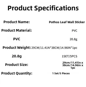 Spécifications détaillées des stickers muraux Monstera en PVC avec dimensions et infos