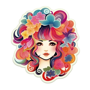 Détail d'un sticker mural lumineux montrant une fille anime colorée avec des fleurs