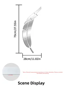 Detail view of feather mirror wall sticker dimensions with 70cm height and 28cm width