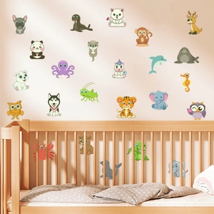 Cartoon animal wall decals for kids bedroom featuring pandas, tigers and owls decorations