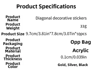 Detailed specifications for acrylic mirror diagonal wall stickers in gold silver and black