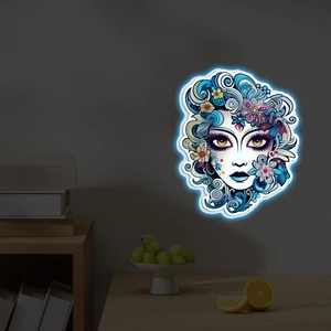 Sticker mural lumineux avec visage de femme fleuri et effet de lueur bleu néon