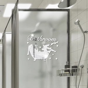 Silver mirror wall sticker with Bathroom text and bathing woman silhouette for decor
