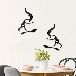 Minimalist black acrylic coffee cup wall stickers shown in a modern dining room setting