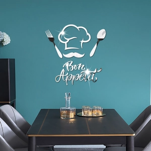 Chef themed acrylic mirror wall sticker with Bon Appetit text for modern kitchen decor