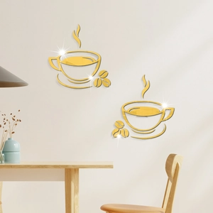 Detail of gold acrylic coffee cup mirror wall stickers in a cozy dining room setting