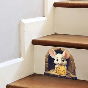 3D cartoon mouse with cheese wall sticker detail on staircase corner decoration