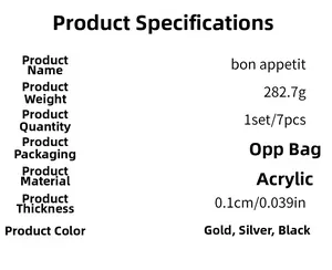 Detailed acrylic kitchen wall sticker specifications in gold, silver, and black options