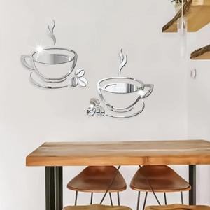 Detailed view of silver acrylic coffee cup mirror wall stickers with reflective surface
