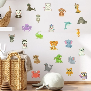 Detailed view of colorful cartoon animal wall stickers in a cozy nursery room setting