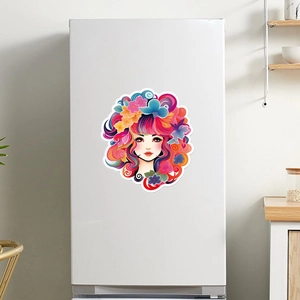 Vue détaillée d'un autocollant lumineux de fille anime avec fleurs sur un frigo blanc