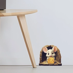 Detailed view of 3D cartoon mouse sticker with cheese in a realistic stone wall hole