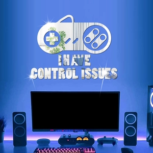 Detail of acrylic game controller mirror wall sticker with I Have Control Issues slogan