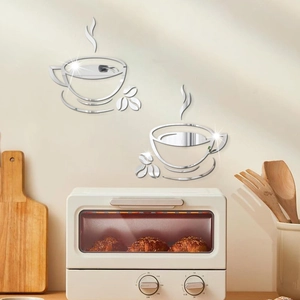 3D acrylic mirror wall stickers featuring coffee cups and beans for kitchen decor