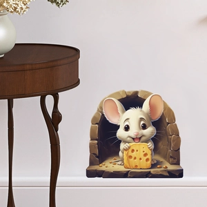 Detailed view of 3D cartoon mouse wall sticker with cheese in a stone hole on grey wall