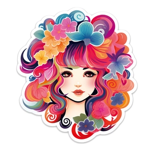 Détail de l'autocollant fille artistique coloré avec fleurs et motifs de vagues