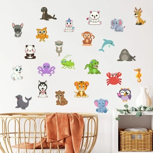 Vibrant cartoon animal wall decals including panda and elephant in a cozy nursery setting