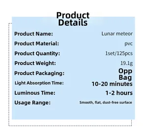 Detailed specifications for Lunar Meteor PVC glow stickers including size and luminous time