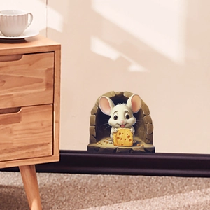 3D cartoon mouse wall sticker holding cheese in a realistic stone hole for home decor