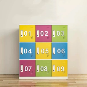 Detail view of colorful 9-compartment storage cabinet with numbered doors 01 to 09