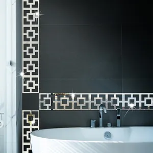 Modern silver acrylic mirror wall stickers with geometric patterns on bathroom tiles