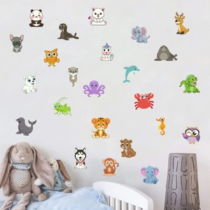 Detail of colorful cartoon animal wall stickers including panda and tiger for bedroom decor