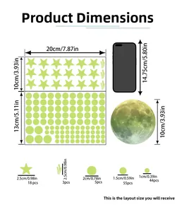 Detailed size chart for luminous wall stickers showing moon, stars and phone comparison