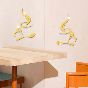 Detail of golden acrylic mirror coffee cup wall decal for kitchen and dining room decor