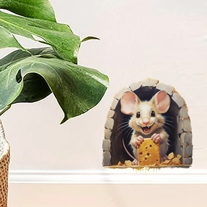 Detail showing 3D cartoon wall sticker of a cute mouse holding yellow cheese on a home wall