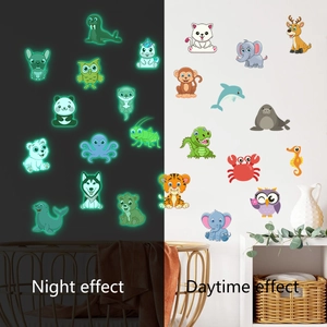 Luminous animal wall decals showing glowing night effect and daytime view for kids room