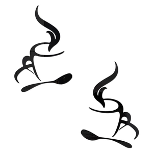 Detail view of black acrylic coffee cup wall stickers with steam and spoon silhouettes