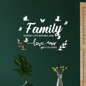 3D Sticker Mural Miroir en Acrylique Family Where Life Begins Love Never Ends Oiseau Papillon Feuille Décor pour Salon Chambre
