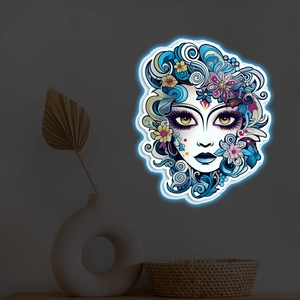 Sticker mural lumineux visage de femme avec fleurs pour décoration de chambre