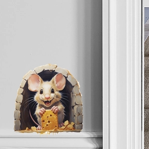 Detail of 3D mouse in a stone hole wall sticker on white baseboard and grey wall background