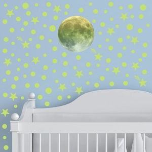 Luminous wall stickers set with realistic moon and glowing stars for baby room decor