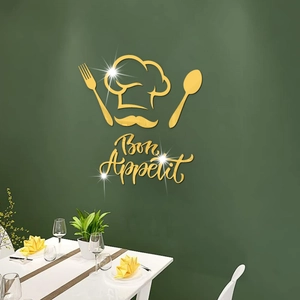 Detail of 3D gold mirror acrylic wall stickers with Bon Appetit text and chef motifs
