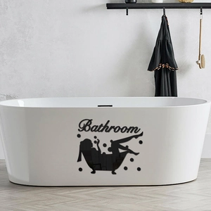 Modern black bathroom wall decal featuring a woman in a bathtub silhouette and artistic text