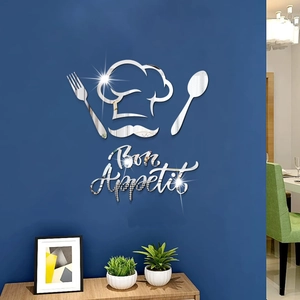 Mirror acrylic wall stickers with Bon Appetit text and cutlery icons for kitchen decor