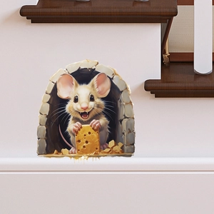 Detail showing 3D cartoon white mouse holding cheese peaking from a stone wall hole