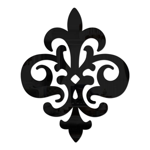 Macro view of high-gloss black acrylic fleur-de-lis mirror decal with reflective finish