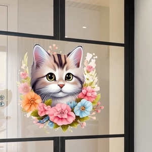 Cute cartoon cat wall sticker with floral wreath decoration for window and home wall