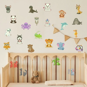 Self-adhesive cartoon animal wall stickers featuring panda and elephant for nursery decor